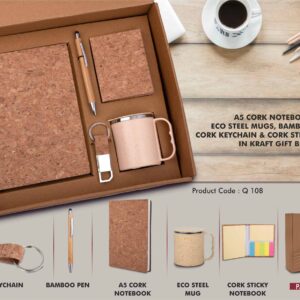 Q108 – EcoSet 2: Set of A5 Cork notebook, Eco Steel mug, Bamboo Pen, Cork Keychain & Cork Sticky notepad in Kraft Gift Box