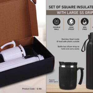 Q186 – Set of Square Insulated bottle with Large SS Grip mug | Bottle Keeps hot for 4-6 hours
