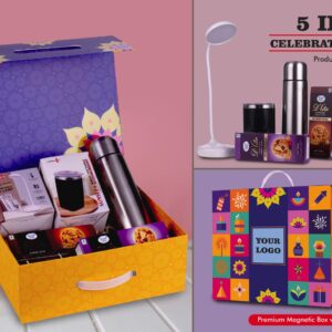 Q202 – Celebration Set of 5: Rechargeable Table Lamp, Premium SS Suction Mug, Bullet Vacuum Flask, Sugarfree D’Lite Cookies in Magnetic Gift Box with Handle