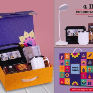Q203 – Celebration Set of 4: Rechargeable Table Lamp, Retro Bluetooth TV Speaker, Double Wall SS mug, Sugarfree D’Lite Cookies in Magnetic Gift Box with Handle