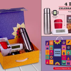 Q204 – Celebration Set of 4: Digital Clock With 10W Wireless Charger, Glass Mug with Silicon Cover, Bullet Vacuum Flask, Sugarfree D’Lite Cookies in Magnetic Gift Box with Handle