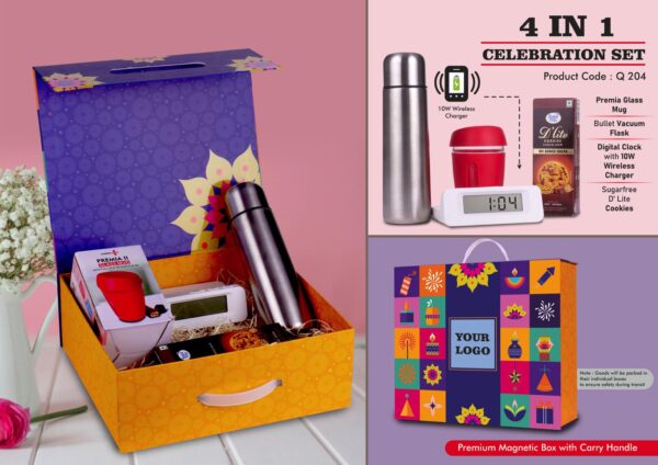 Q204 – Celebration Set of 4: Digital Clock With 10W Wireless Charger, Glass Mug with Silicon Cover, Bullet Vacuum Flask, Sugarfree D’Lite Cookies in Magnetic Gift Box with Handle