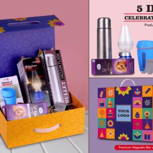 Q205 – Celebration Set of 5: Glass Mug with Silicon Cover, Decorative LED Blow Lamp, Bullet Vacuum Flask, Mini Mobile Stand, Sugarfree D’Lite Cookies in Magnetic Gift Box with Handle