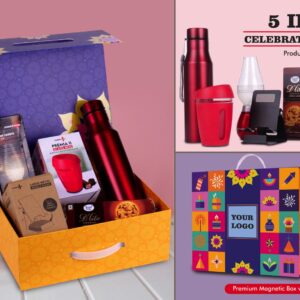 Q206 – Celebration Set of 5: Glass Mug with Silicon Cover, Decorative LED Blow Lamp, Bolt SS Bottle 750Ml, Large Adjustable Phone Stand, Sugarfree D’Lite Cookies in Magnetic Gift Box with Handle