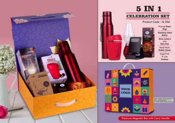 Q206 – Celebration Set of 5: Glass Mug with Silicon Cover, Decorative LED Blow Lamp, Bolt SS Bottle 750Ml, Large Adjustable Phone Stand, Sugarfree D’Lite Cookies in Magnetic Gift Box with Handle