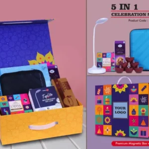 Q207 – Celebration Set of 5: Rechargeable Table Lamp, LED Light Diya Set of 6, Hard Shell Travel Organizer, Sugarfree D’Lite Cookies, Pooja Dhoop Cones in Magnetic Gift Box with Handle