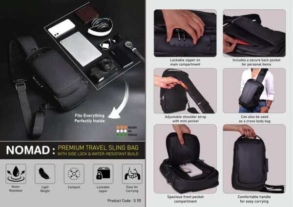 S55 – Nomad: Premium travel sling bag with Side lock | Water-Resistant build with 4 pockets | Perfect for travel