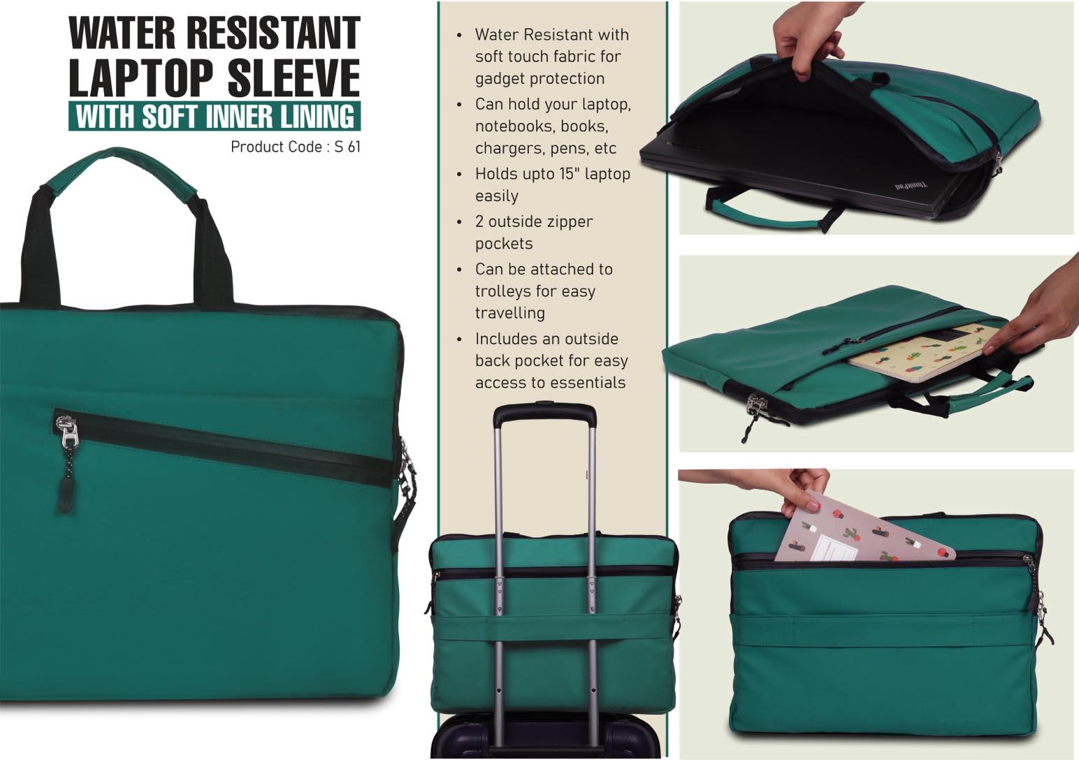 S61 – Teal: Water Resistant Laptop Sleeve with Soft inner lining | 3 outside spacious pockets | Soft touch fabric for gadget protection– Min 10 pcs
