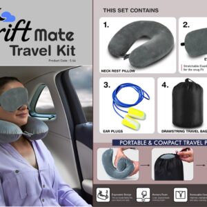 S64 – DriftMate Travel Kit: Combo of Memory foam Neck Rest Pillow, eye mask & ear plugs | With Drawstring Travel Bag