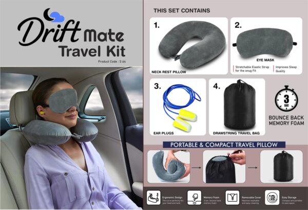 S64 – DriftMate Travel Kit: Combo of Memory foam Neck Rest Pillow, eye mask & ear plugs | With Drawstring Travel Bag