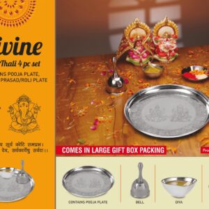 Z39 – Divine Pooja Thali 4 pc set | Contains Pooja Plate, Bell, Diya, Prasad / Roli plate