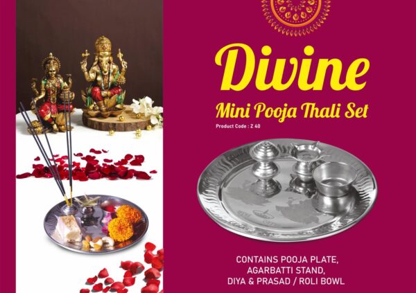 Z40 – Divine Mini Pooja Thali set | Contains Pooja Plate, Agarbatti stand, Diya, Prasad bowl | Contents attached with plate