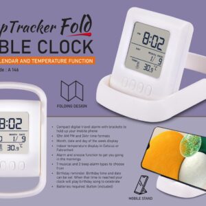 A146 – TempTracker Fold: Table Clock with Calendar and Temperature function | Folding design | Mobile Stand funct