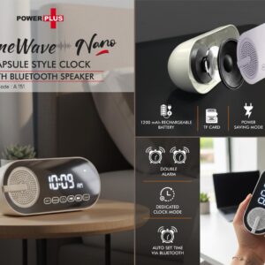 A151 – TimeWave Nano: Capsule style clock with Bluetooth speaker | Mirror finish display | FM & TF card reader | 1200 mAh battery