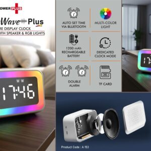 A153 – TimeWave Plus: Square display clock with Bluetooth speaker & RGB Lights | Mirror finish display | FM & TF card reader | 1200 mAh battery