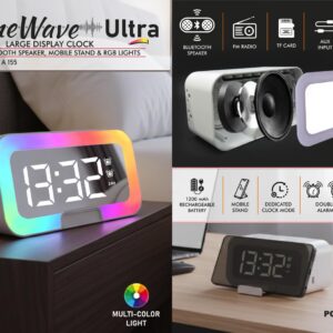 A155 – TimeWave Ultra: Large Clock with Bluetooth speaker, Mobile Stand & RGB Lights | Mirror finish display | FM & TF card reader | 1200 mAh battery