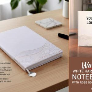B188 – Wave White Hard bound notebook with Rose gold leafing | A5 size | With memorandum & Metal Bookmark ribbon