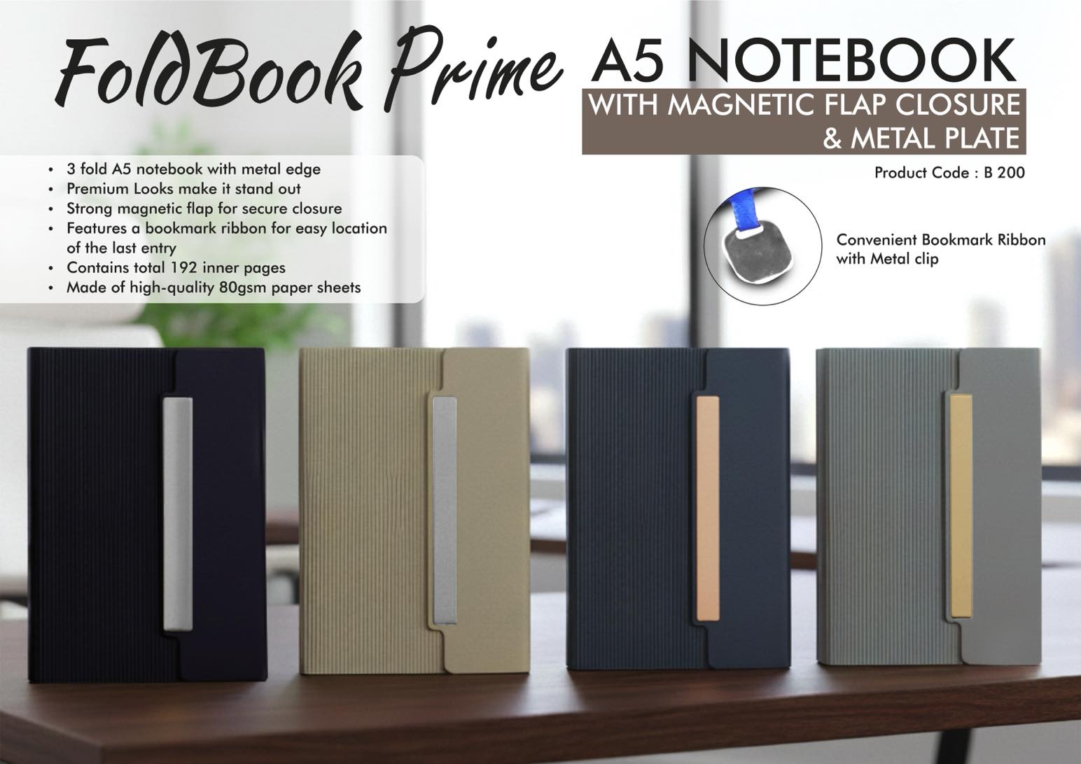 B200 – FoldBook Prime: A5 Notebook with magnetic flap closure & Metal Plate | A5 size | With memorandum & Bookmark ribbon