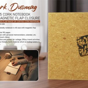 B203 – Cork Duomag: A5 Cork Notebook with magnetic flap closure | Slant design Flap made of Coffee cork material | A5 size | With memorandum & Bookmark ribbon