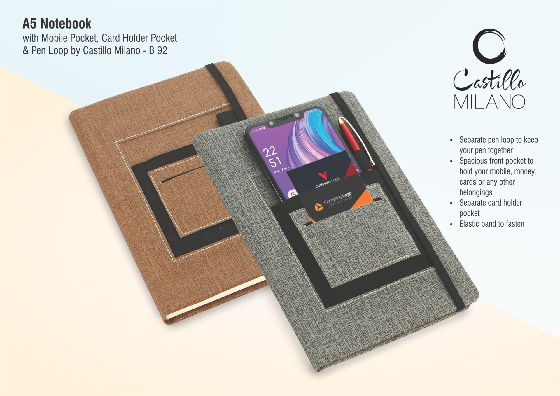 B92b – A5 notebook with mobile pocket, card holder pocket & pen loop by Castillo Milano | Made in India