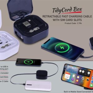 C194 – TidyCord Box: Retractable Fast Charging cable with Sim card slots