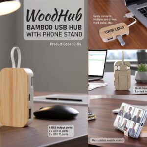 C196 – WoodHub: Bamboo USB hub with Phone stand | 4 USB outputs