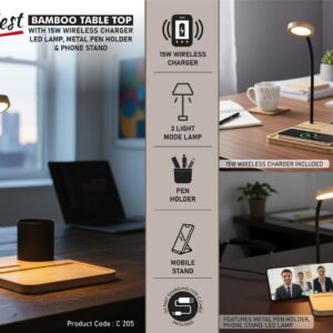 C205 – GlowNest: Bamboo Table top with 15W Wirp, Metal Pen holder & phone standeless Charger, LED Lam