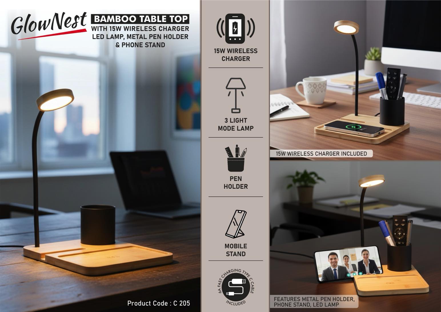 C205 – GlowNest: Bamboo Table top with 15W Wirp, Metal Pen holder & phone standeless Charger, LED Lam