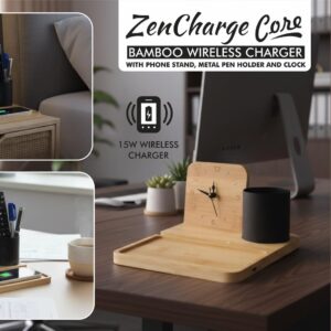 C209 – ZenCharge Core: Bamboo Wireless charger with phone stand, Metal Pen holder and Clock | 15W wireless charger