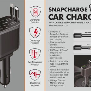 C215 – SnapCharge Duo: Car Charger with Double retractable wires & Voltage Display | Type C & Lightning built-in cables | 1 USB A and 2 Type C chaging ports | Supports simultaneous multi device charging