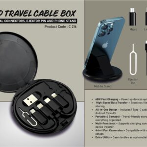 C216 – Round Travel Cable box with universal connectors, ejector pin and Phone stand