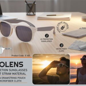 E401 – EcoLens: UV protection sunglasses in Wheat straw material | Packed in drawstring pouch with Microfiber cloth