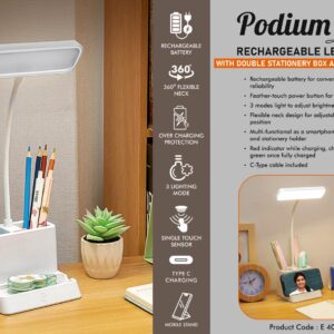 E402 – Podium Lite: Rechargeable LED lamp with Double stationery box and Phone stand | 3 Color light with Brightness adjustment | Type C Charging | 1200 mAh battery