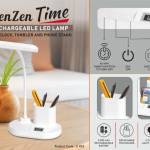 E403 – PenZen Time: Rechargeable LED lamp with Clock, Pen stand tumbler and Phone stand | 3 Color light with Brightness adjustment | Type C Charging | 2400 mAh battery