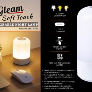 E405 – Gleam: Soft touch Rechargeable Night Lamp | 3 Color light with Brightness adjustment | Type C Charging | 1200 mah battery