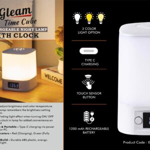 E406 – Gleam TimeCube: Soft touch Rechargeable Night Lamp with Clock | 3 Color light with Brightness adjustment | Type C Charging | 1200 mah battery