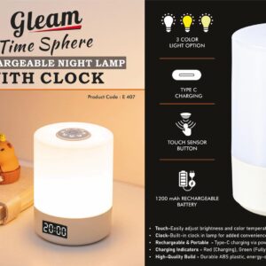 E407 – Gleam TimeSphere: Soft touch Rechargeable Night Lamp with Clock | 3 Color light with Brightness adjustment | Type C Charging | 1200 mah battery
