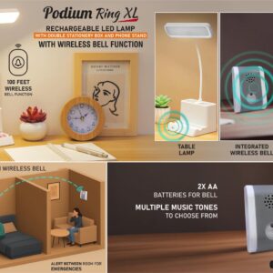 E422 – Podium Ring XL: Rechargeable LED lamp with Wireless Bell Function | Double stationery box and Phone stand | 3 Color light with Brightness adjustment | Type C Charging | 1200 mAh battery