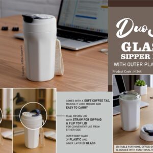 H344 – DuoSip: Glass sipper mug with outer Plastic body | Flip top lid and carry strap | Capacity 400ml (approx)
