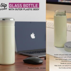 H346 – SafeSip Chrome: Glass bottle with outer plastic body and shiny chrome cap | With Soft carry strap | Capacity 400ml (approx)