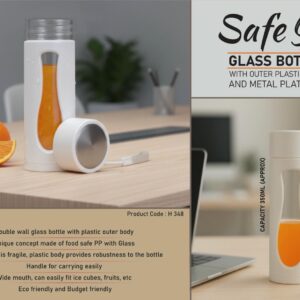 H348 – SafeSip: Glass bottle with outer plastic body and metal plate cap | With carry strap | Capacity 350ml (approx)