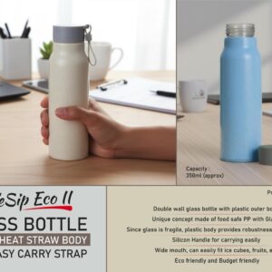 H349 – SafeSip Eco II: Glass bottle with wheat straw body and Easy carry strap | Capacity 350ml (approx)