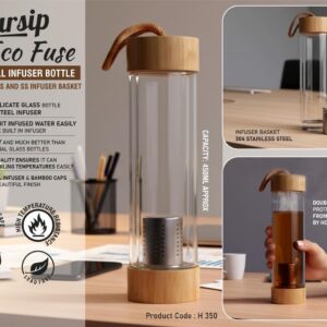 H350 – ClearSip EcoFuse: Double wall Infuser bottle with Bamboo lids and SS infuser basket | Capacity 450ml (approx)