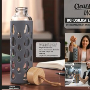 H351 – ClearSip Wrap: Borosilicate bottle with Bamboo Cap and Silicon sleeve | Capacity 600ml (approx)