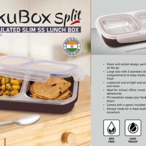 H357 – TokuBox Split: Slim Lunch box with SS inside | PU Filling keeps food hot | 2 partitions with silicon seal inside to keep contents separate | Spoon included | Leakproof
