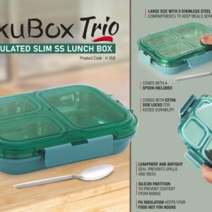 H358 – TokuBox Trio: Slim Lunch box with SS inside | PU Filling keeps food hot | | 3 partitions with silicon seal inside to keep contents separate | Spoon included | Leakproof