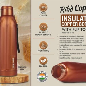 H362 – Ribd Copper : Insulated Copper Bottle with flip top lid | Keeps Hot & Cold for 4-6 Hours | Strap for Carrying easily | Capacity 750 ml approx
