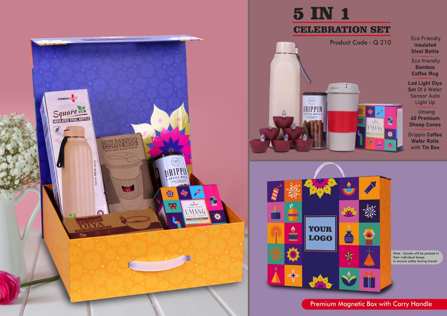Q210 – Celebration Set of 5: Square Eco Insulated Bottle, Tall Bamboo Fiber Mug, LED Light Diya Set of 6, Pooja Dhoop Cones, Coffee Roll Sticks in Magnetic Gift Box with Handle