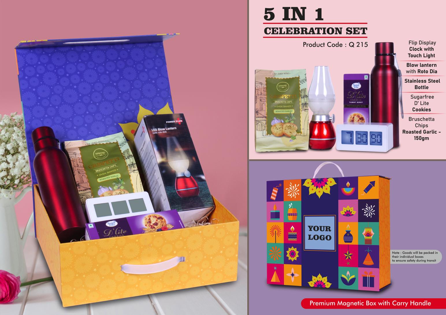 Q215 – Celebration Set of 5: Bolt SS Bottle 750Ml, Decorative LED Blow Lamp, Digital Clock with Backlight, Sugarfree D’Lite Cookies, Garlic Bruschetta in Magnetic Gift Box with Handle