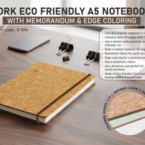 B109b – Cork Eco friendly A5 notebook with Memorandum & Edge coloring | Elastic Fastener | 80 gsm sheets | 192 pages